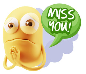 3d Rendering Sad Character Emoticon Expression saying Miss You w