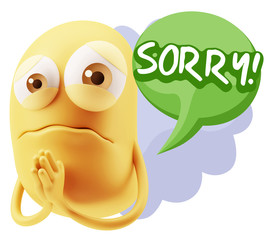 3d Rendering Sad Character Emoticon Expression saying Sorry with