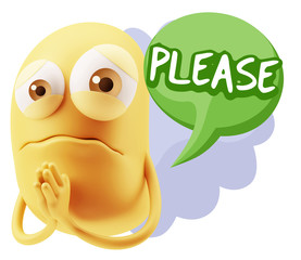 3d Rendering Sad Character Emoticon Expression saying Please wit