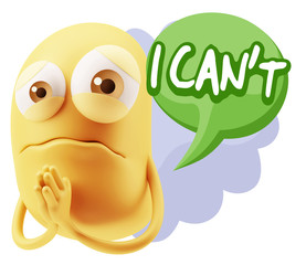 3d Rendering Sad Character Emoticon Expression saying I Can't wi