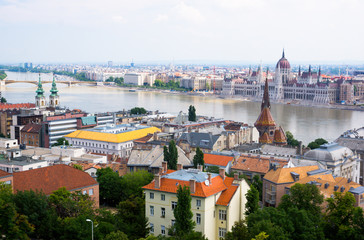 Colorful buildings of Budapest city and the River Danube from high view point