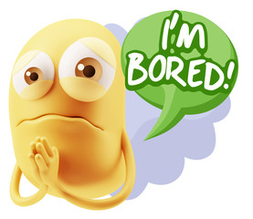 3d Rendering Sad Character Emoticon Expression saying I'm Bored