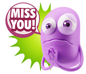 3d Rendering Sad Character Emoticon Expression saying Miss You w