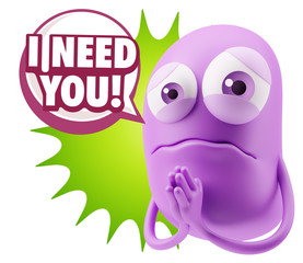 3d Rendering Sad Character Emoticon Expression saying I Need you