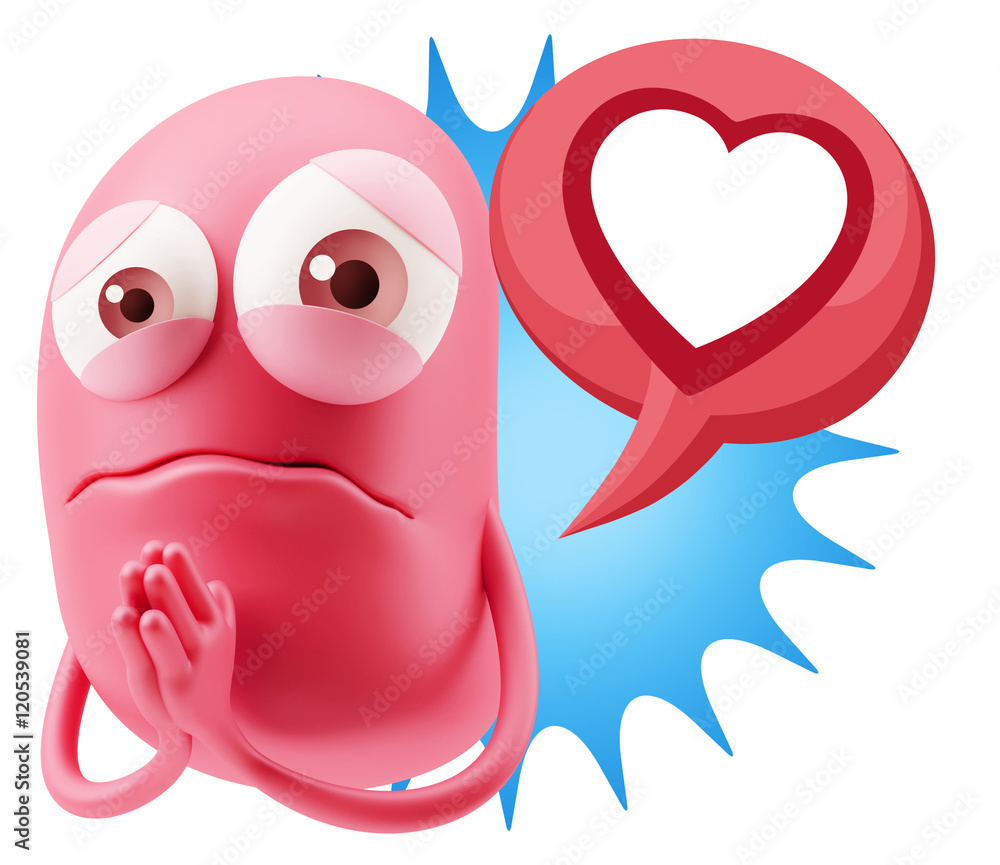Poster 3d rendering sad character emoticon expression saying heart shap