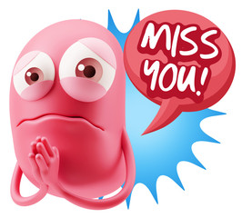 3d Rendering Sad Character Emoticon Expression saying Miss You w