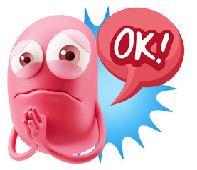 3d Rendering Sad Character Emoticon Expression saying OK with Co