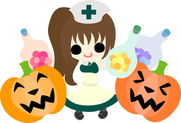 Halloween and jack-o-lanterns and a pretty nurse