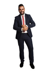 An attractive businessman in his 40s wearing a blue suit with a red tie, standing against a white background with a smile on his face.