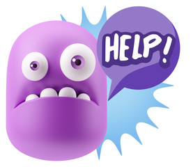 3d Rendering Sad Character Emoticon Expression saying Help! with