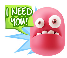 3d Rendering Sad Character Emoticon Expression saying I Need you