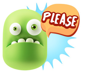3d Rendering Sad Character Emoticon Expression saying Please wit