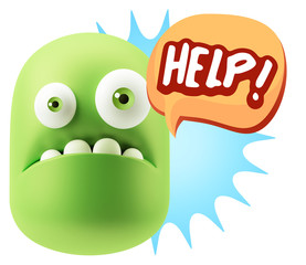 3d Rendering Sad Character Emoticon Expression saying Help! with