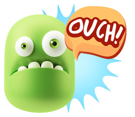 3d Rendering Sad Character Emoticon Expression saying Ouch! with