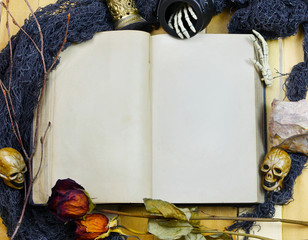 Halloween image of an old book with blank pages surrounded by spooky artifacts such as miniature...