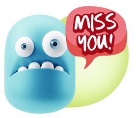 3d Rendering Sad Character Emoticon Expression saying Miss You w