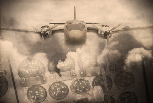 'Double exposure vintage grunge style' image of vintage aircraft and clouds. Use as background image.