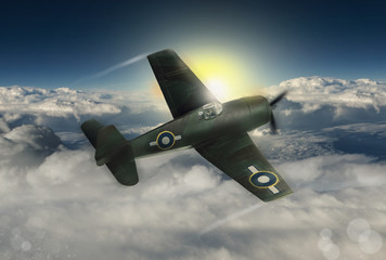 An illustration of a classic vintage World War 2 US fighterplane with UK Coastal Command markings soars above the clouds in South East Asia. (Computer art, oil style illustrations)