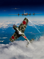 Illustration of a Japanese fighter plane intercetps a fleet of US B-29 Bombers coming to drop bombs over Japan during World War 2. (Computer art, oil style illustrations)