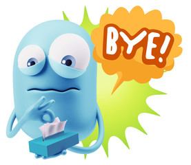 3d Rendering Sad Character Emoticon Expression saying Bye with C