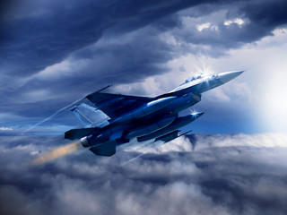 An illustration of a modern 4th generation US fighter jet as soars through the clouds with empty weapons pylons. (Computer art, oil style illustration)