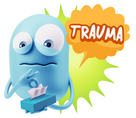 3d Rendering Sad Character Emoticon Expression saying Trauma wit