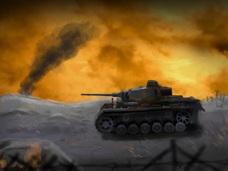 A German panzer tank crosses the battleground. (Computer Illustration)