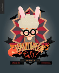 Halloween Party composed sign emblem invitation. Flat vectror cartoon illustrated design of an old lady wearing bunny ears in center of striped shield, bats, pumpkin jack-o-lantern, ribbon, lettering.