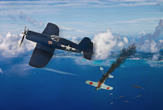 World War 2 dogfight over the pacific Island of Saipan. (Computer art, oil style illustrations)