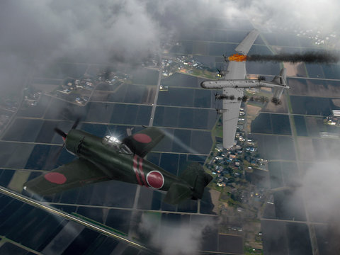 An illustration of a Japanese raiden fighter plane shooting down a US B-29 bomber over Japan in World War 2. (Computer art, oil style illustration)