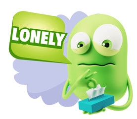 3d Rendering Sad Character Emoticon Expression saying Lonely wit
