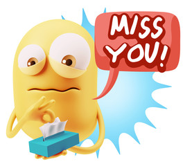 3d Rendering Sad Character Emoticon Expression saying Miss You w