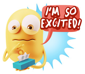 3d Rendering Sad Character Emoticon Expression saying I'm so Exc