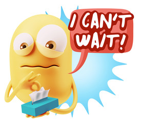 3d Rendering Sad Character Emoticon Expression saying I Can't Wa