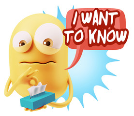 3d Rendering Sad Character Emoticon Expression saying I Want to