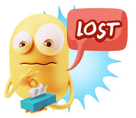 3d Rendering Sad Character Emoticon Expression saying Lost with