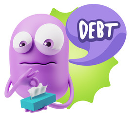 3d Rendering Sad Character Emoticon Expression saying Debt with