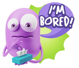 3d Rendering Sad Character Emoticon Expression saying I'm Bored