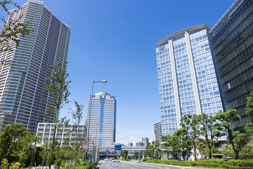 Obraz premium 東京都市風景 豊洲 再開発地区 臨海副都心 快晴 青空 高層ビル群