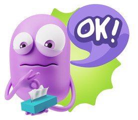 3d Rendering Sad Character Emoticon Expression saying OK with Co