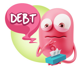 3d Rendering Sad Character Emoticon Expression saying Debt with