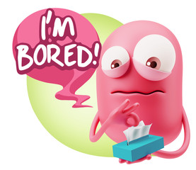 3d Rendering Sad Character Emoticon Expression saying I'm Bored