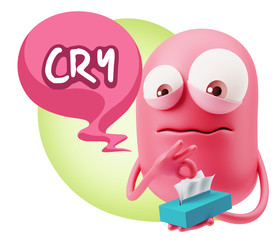 3d Rendering Sad Character Emoticon Expression saying Cry with C