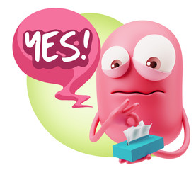 3d Rendering Sad Character Emoticon Expression saying Yes with C