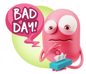 3d Rendering Sad Character Emoticon Expression saying Bad Day wi