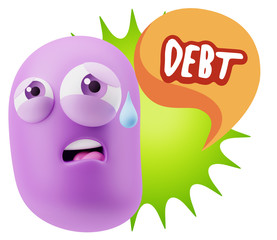 3d Rendering Sad Character Emoticon Expression saying Debt with