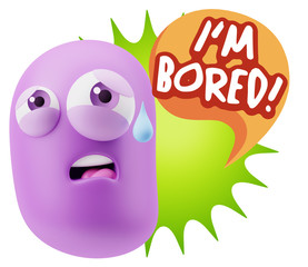 3d Rendering Sad Character Emoticon Expression saying I'm Bored