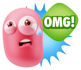 3d Rendering Sad Character Emoticon Expression saying OMG with C