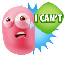 3d Rendering Sad Character Emoticon Expression saying I Can't wi