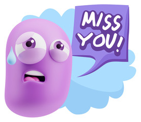 3d Rendering Sad Character Emoticon Expression saying Miss You w